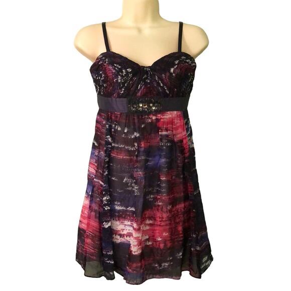 BCBG MaxAzria Chiffon Print Special Occasion Dress Woman Size 2 Mini Beaded - Picture 1 of 8